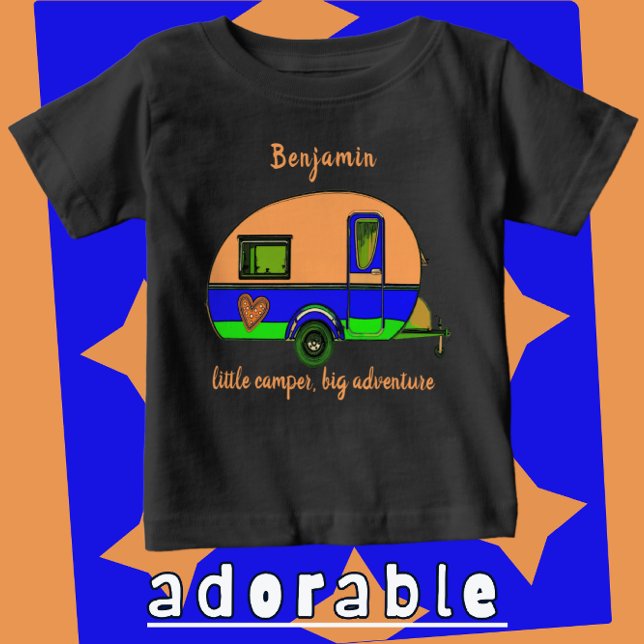 Kleine Camper Big Adventure Child's Name Baby T-shirt (Select shirt color and text color. Easily add child's name.)