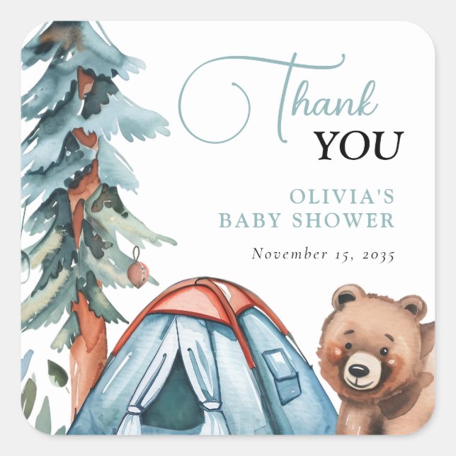 Kleine Camper Forest Babydusche Quadratischer Aufkleber (Vorderseite)