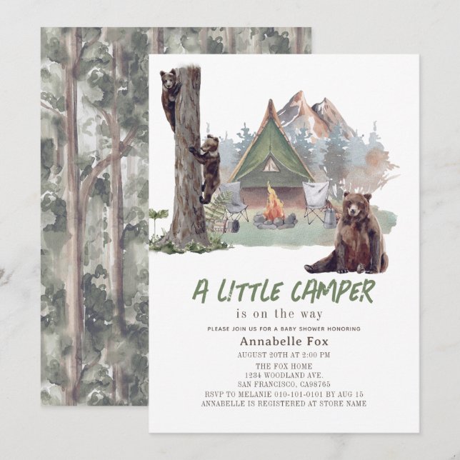 Kleine Camper Mountain Bears Boy Baby Dusche Einladung (Vorne/Hinten)