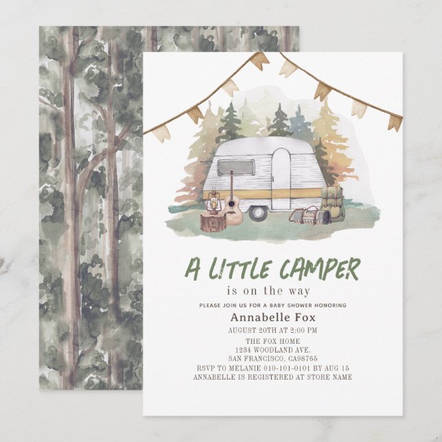 Kleine Camper Mountain Forest Boy Baby Dusche Einladung (Vorne/Hinten)