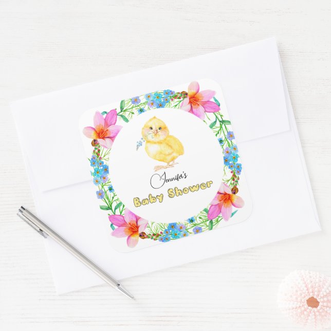 Kleine Chick Floral Baby Dusche Quadratischer Aufkleber (Umschlag)