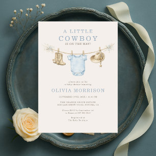 Kleine Cowboy-Blau-Wäscheleine-Junge-Baby-Party Einladung