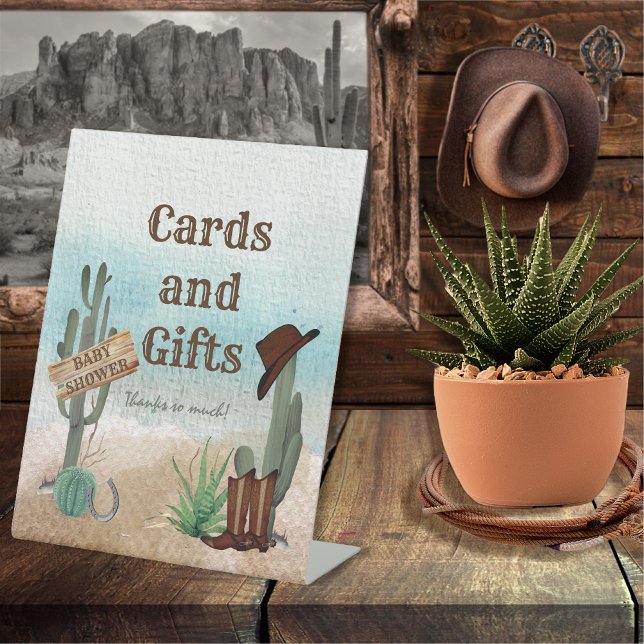 Kleine Cowboy-Western Kinderduschkarten und Gesche Sockelschild (Rustic Western Boy Baby Shower Cards and Gifts  Pedestal Sign -- "A Little Cowboy Is On His Way" )