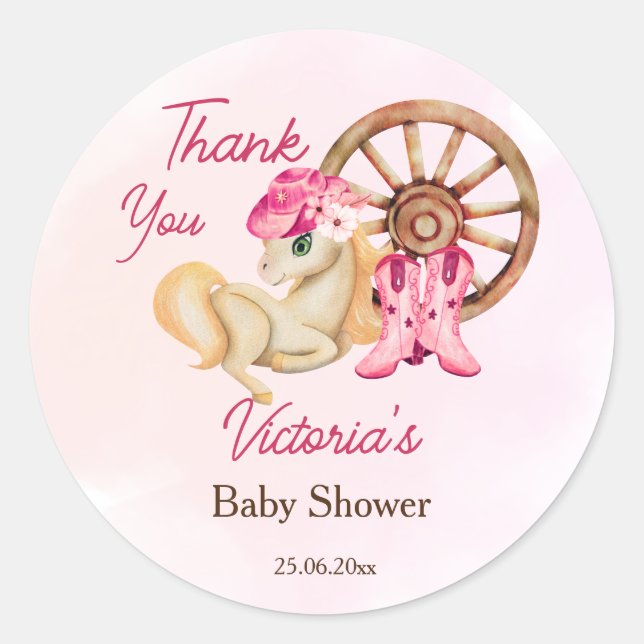 Kleine Cowgirl Babydusche danke Runder Aufkleber (Vorderseite)