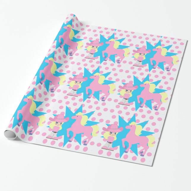Kleine Cowgirl Blonde mit rosa Pferd Any Occassi Geschenkpapier (Ungerollt)