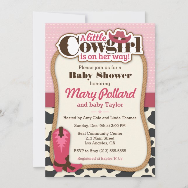Kleine Cowgirl Moderne Girl Baby Dusche Einladung (Vorderseite)