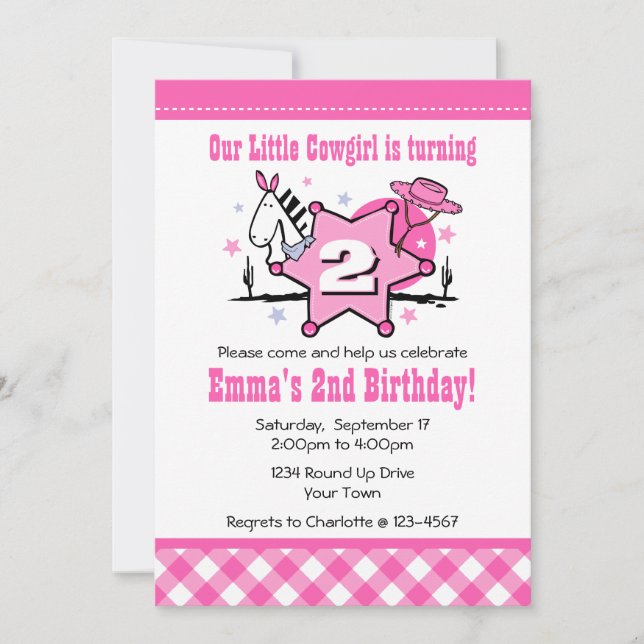 Kleine Cowgirl Party Einladung 2. Geburtstag (Vorderseite)