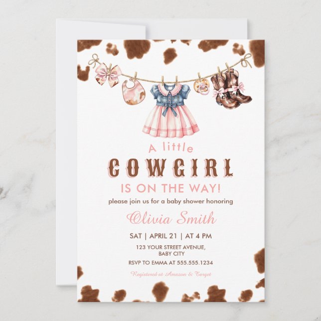Kleine Cowgirl Western Clothesline Baby Dusche Einladung (Vorderseite)