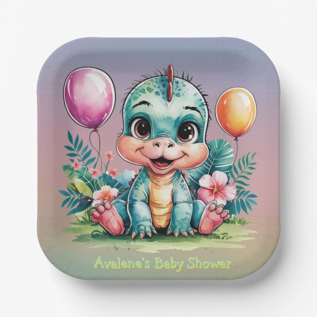 Kleine Dinosaurier Babydusche Pappteller (Vorderseite)