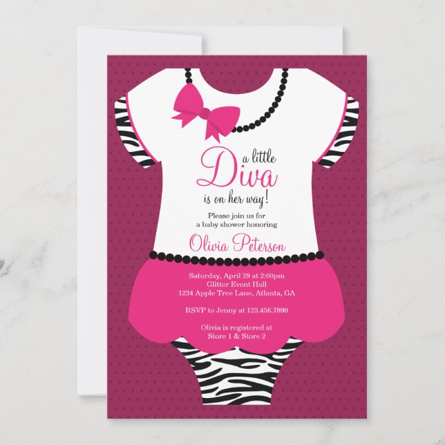 Kleine Diva Baby Dusche Einladung, Zebra, Pink Einladung (Vorderseite)
