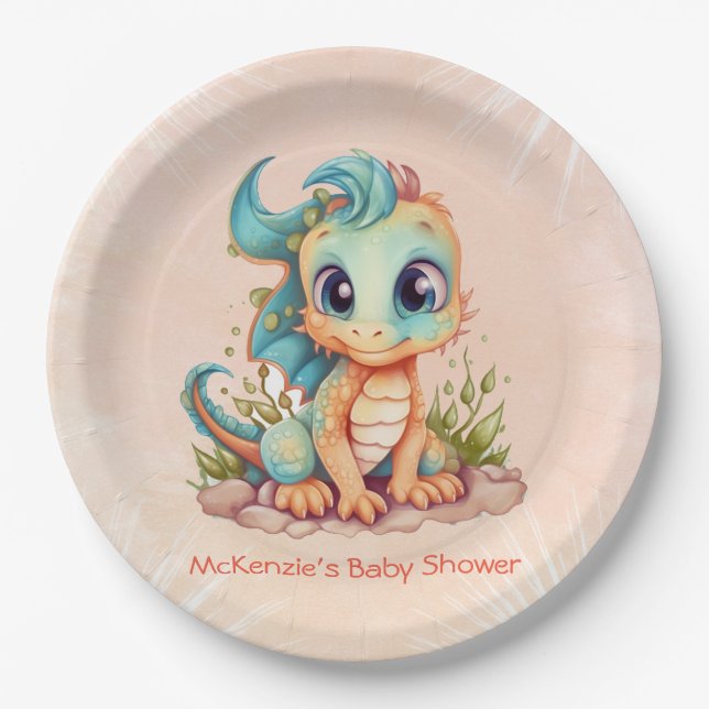 Kleine Drache Märchenjunge Babydusche Pappteller (Vorderseite)