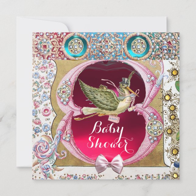 KLEINE DRUCKSTORK-BABY-DUSCHE, BLUMENVERSTÄNDNER EINLADUNG (Vorderseite)