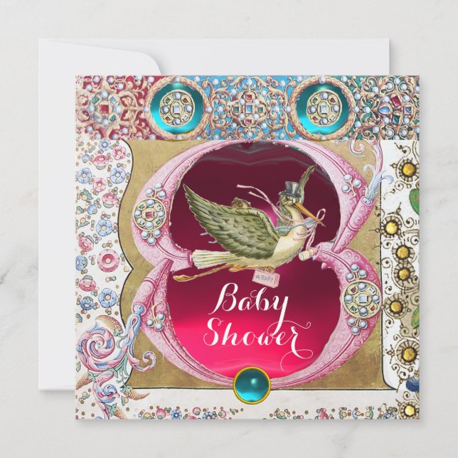 KLEINE DRUCKSTORK-BABY-DUSCHE, BLUMENVERSTÄNDNER EINLADUNG (Vorderseite)