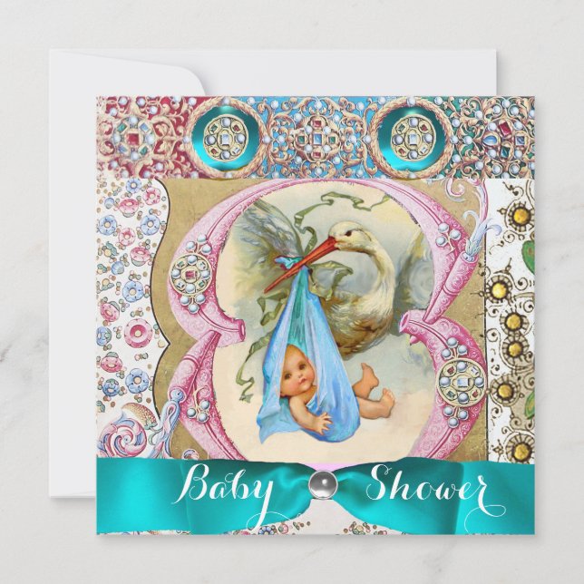 KLEINE DRUCKSTORK BABY SHOWER, BLUMENVERSTÄRKUNG EINLADUNG (Vorderseite)