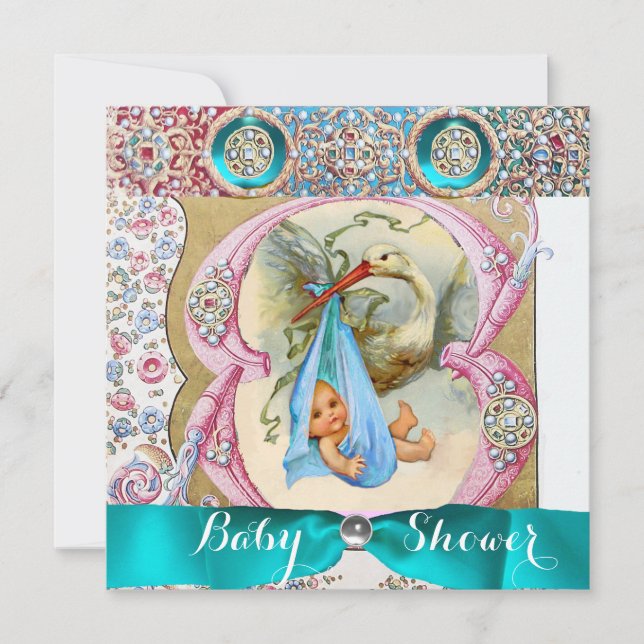 KLEINE DRUCKSTORK BABY SHOWER, BLUMENVERSTÄRKUNG EINLADUNG (Vorderseite)