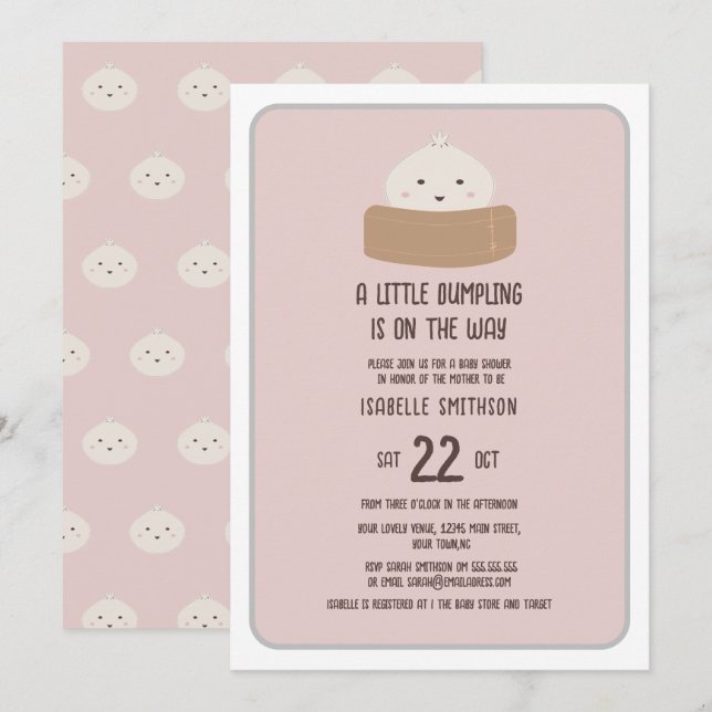 Kleine Dumpling auf dem Weg Pink Baby Dusche Einladung (Vorne/Hinten)