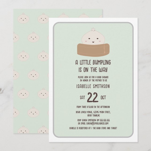 Kleine Dumpling auf dem Weg zur grünen Baby-Dusche Einladung (Vorne/Hinten)