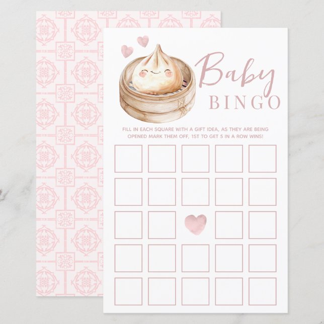 Kleine Dumpling Pink Baby Shower Bingo Game Card | (Vorne/Hinten)