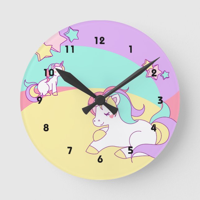 Kleine Einhörner in den Pastellfarben Runde Wanduhr (Vorderseite)
