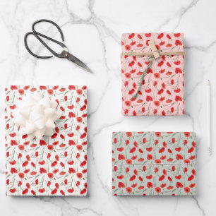 Kleine elegante rote Mohnblume und grüne Blumen in Geschenkpapier Set