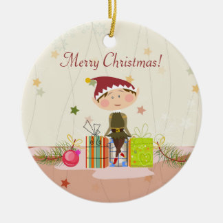 Kleine Elf-Mädchen und Weihnachtsgeschenke Keramikornament