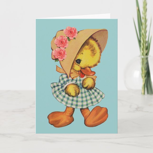Kleine Ente im Kleid und in der Mütze Karte (Vorderseite)