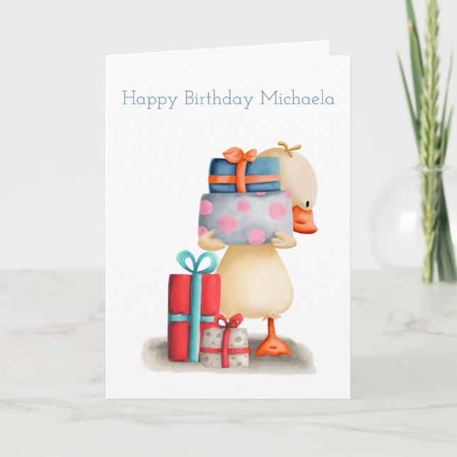 Kleine Ente mit Geschenken zum personalisierten Ge Karte (Vorderseite)