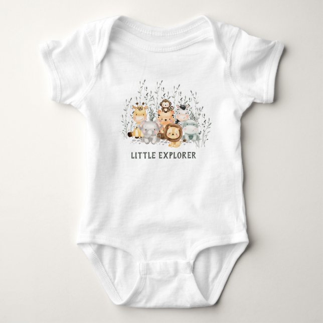 Kleine Explorer-Safari-Tiere Kinderdusche Baby Strampler (Vorderseite)