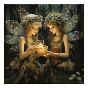 Kleine Fairies im Wald Hübsch glühende Lichter Fotodruck