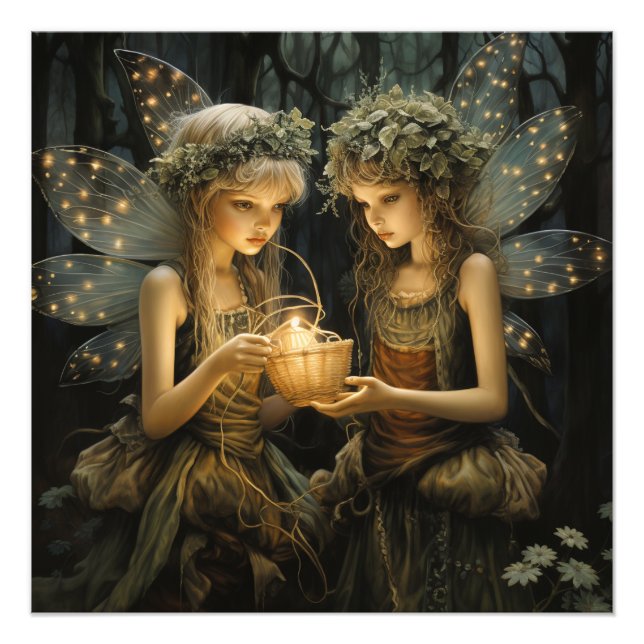 Kleine Fairies im Wald Hübsch glühende Lichter Fotodruck (Vorne)
