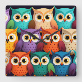 Kleine farbenfrohe Owls Quadratische Wanduhr