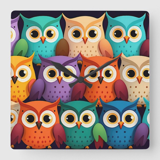 Kleine farbenfrohe Owls Quadratische Wanduhr (Vorderseite)