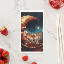 Kleine Fee, die auf einem goldroten Mond sitzt.