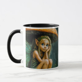 Kleine Fee im Regen, die von einem Pilz beherbergt Tasse