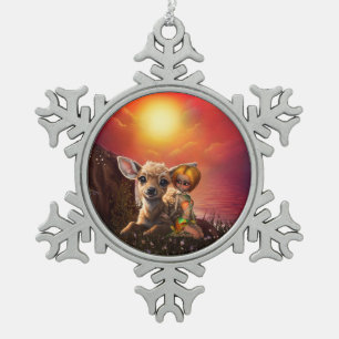 Kleine Fee und die niedliche Fawn. Schneeflocken Zinn-Ornament
