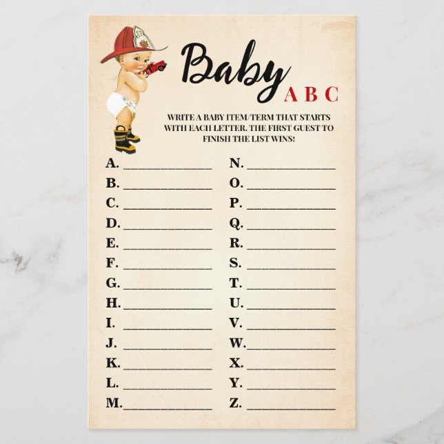 Kleine Firefighter Baby ABC Baby Shower Game Card Flyer (Vorne)