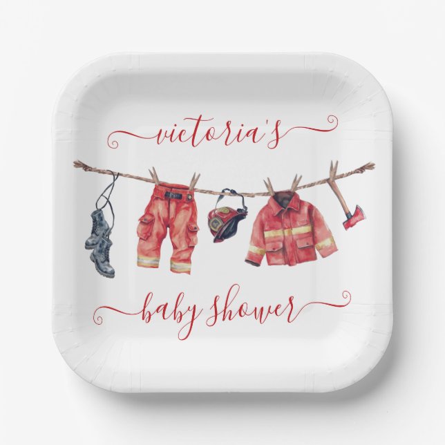 Kleine Firefighter Baby Duschkabine Pappteller (Vorderseite)