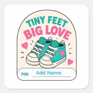 👟 Kleine Füße Große Liebe Baby Shower Name 👟 Quadratischer Aufkleber