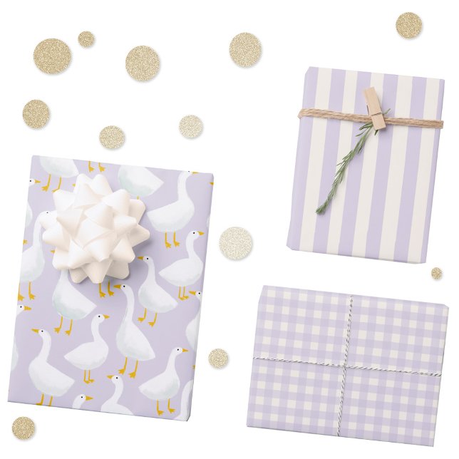 Kleine Gänse Lilac Lila Geschenkpapier Set (Little Goose geese stripe and gingham check pastel lilac purple gift wrapping paper sheets)