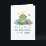 Kleine Geburtstags-Gruß-Karte Prinz-Frog 1. Karte<br><div class="desc">Angesagtes Hopfen Hooray! Der kleine Prinz Turns eins heute! Ein niedlicher grüner Frosch trägt eine Krone und bewegt einen Scepter von seiner Lilienauflage mit einer Libelle wellenartig, die über ihm einkreist und einen Toadstool, der nahe bei ihm sitzt. Diese Einzelteile machen niedliche erste Geburtstagsjungen-T - Shirt-, -kleider- und -froschthemageschenke für...</div>