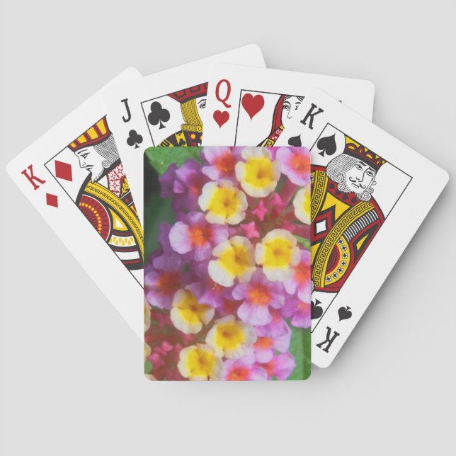 Kleine gelbe rosa und lila tropische Blumen Spielkarten (Rückseite)