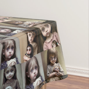 Kleine Girls mit grauenhaftem antiken PuppenHallow Tischdecke