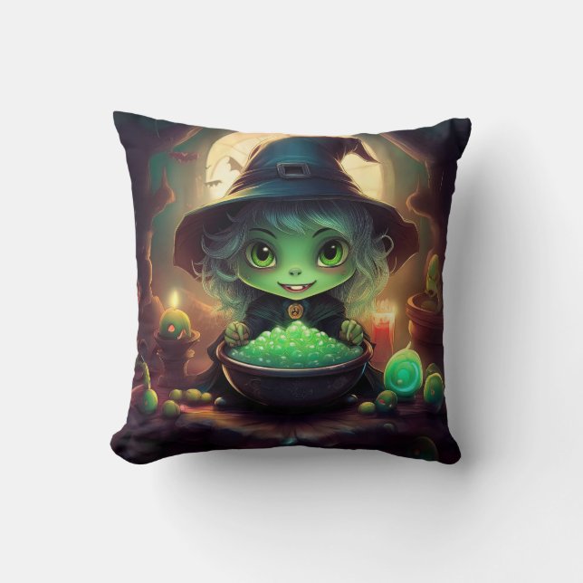 Kleine grüne Hexe mit Süßigkeiten Kissen (Vorderseite)