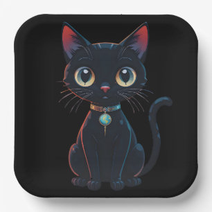 Kleine gruselige schwarze Katze Pappteller