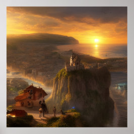 Kleine Häuser auf einer Klippe das Meer und die So Poster