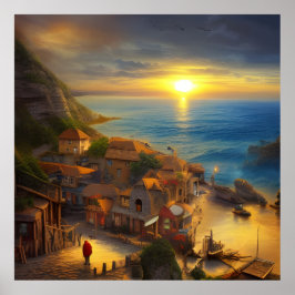 Kleine Häuser auf einer Klippe mit Blick auf Meer  Poster