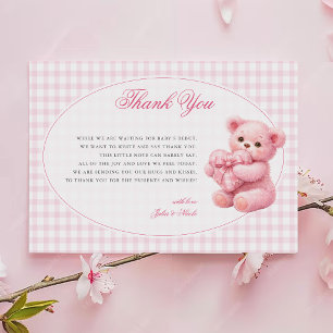 Kleine Herz-Rosa-Gingham-Teddybär-Baby-Party Dankeskarte