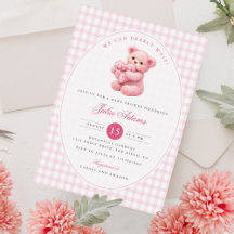Kleine Herz-Rosa-Gingham-Teddybär-Baby-Party