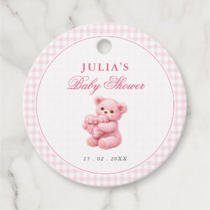 Kleine Herz-Rosa-Gingham-Teddybär-Baby-Party Geschenkanhänger