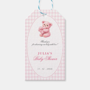 Kleine Herz-Rosa-Gingham-Teddybär-Baby-Party Geschenkanhänger